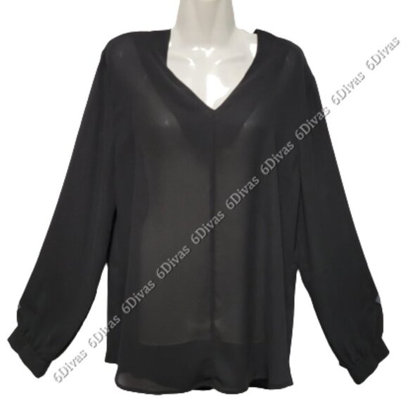 Black Long Sleeve V NeckLight Thin Blouse Top Size L - Picture 1 of 8